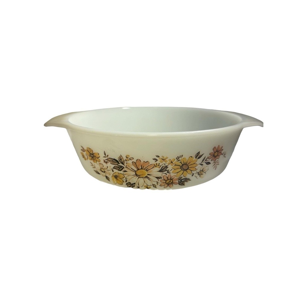VTG Anchor Hocking Fire King 9" 1.5 qt Daisy Floral 429 Handled Dish
